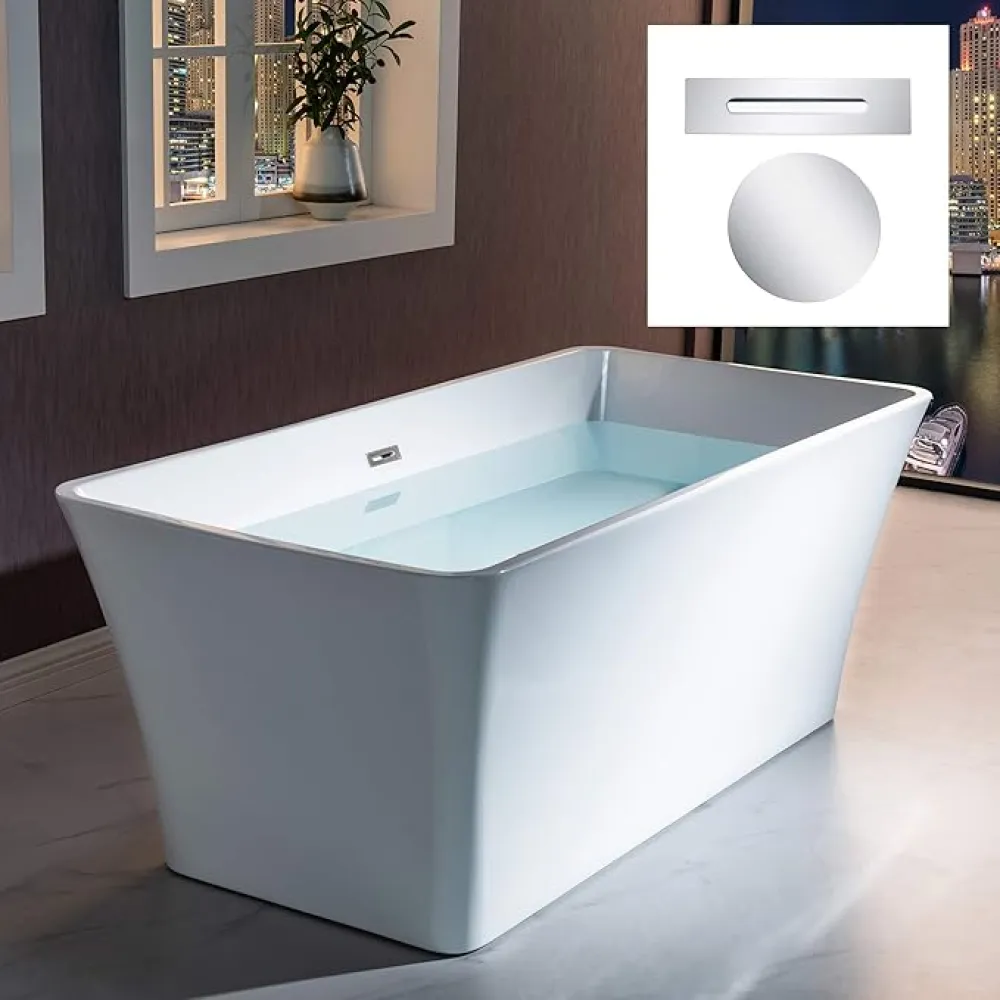 WOODBRIDGE 59" Acrylic Freestanding Bathtub Contemporary Soaking White Tub with Chrome Overflow and Drain，BTA1509 -C-Drain &O