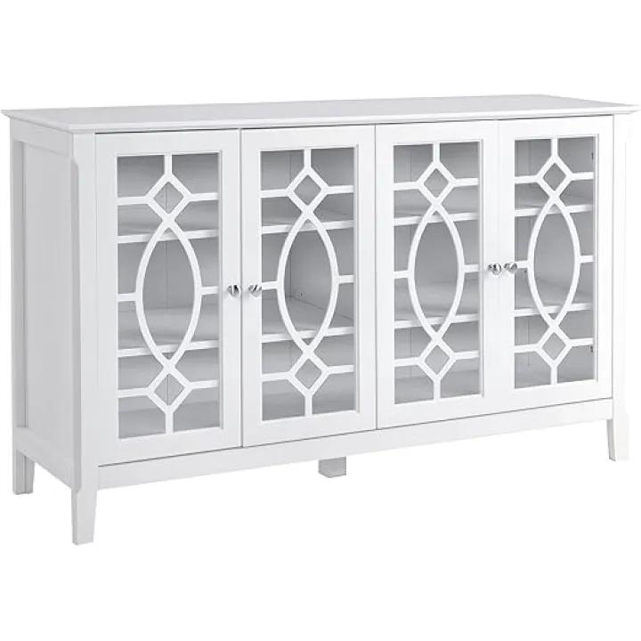 HOMCOM Sideboard Buffet Cabinet, Kitchen Storage Cabinet, Glass Door Accent Cabinet with Adjustable Shelves, White