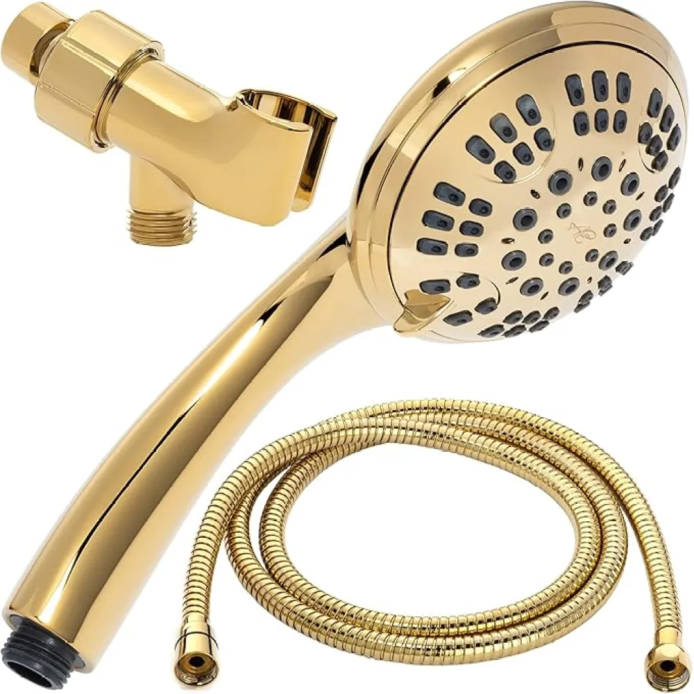 6 Function Handheld Shower Head Kit - High Pressure, Removable Hand Held Showerhead With Hose & Mount And Adjustable Rainfall Spray, 2.5 GPM - Polished Brass
