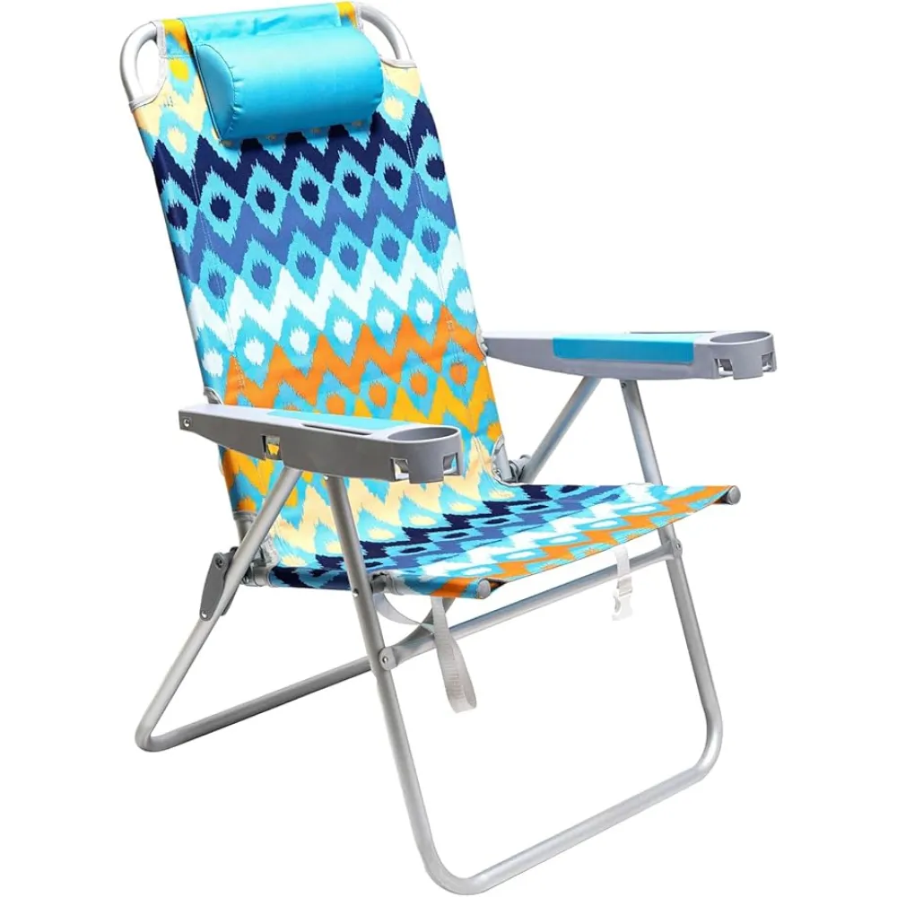 SUNNYFEEL Extra Wide 28" Folding Beach Chair 5 Position Lay Flat, Portable 17" Tall Camping Chair with Cup Holder for Outdoor/Lawn/Trip/Picnic, Lightweight Foldable Sand Chairs for Adults (Wave)