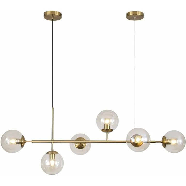 KCO Lighting Globe Linear Chandelier 6 Light Amber Glass Pendant Light Fixture Gold Kitchen Island Lighting Long Brass Sputnik Chandelier Dining Room Light Fixtures Over Table