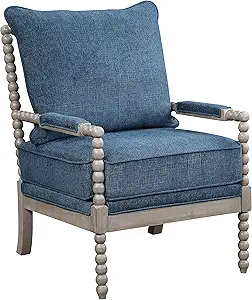 OSP Home Furnishings Abbott Spindle Accent Chair with Padded Spring Seat and Brushed Grey Base, Azure Blue Fabric