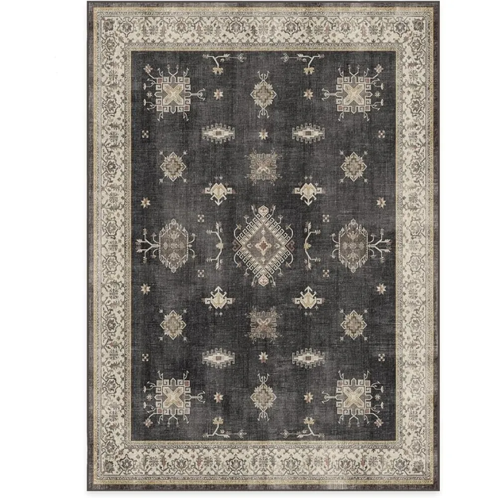 RUGGABLE Washable Vintage Area Rug – Verena Dark Wood 5x7, Stain-Resistant, Non-Slip with Standard Pad – Medium Machine Washable Rugs for Living Room, Bedroom, Hallway, Entryway & Office
