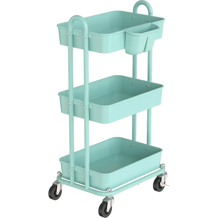 Simple Houseware 3-Tier Multifunctional Rolling Utility Cart with Hanging Bucket, Turquoise