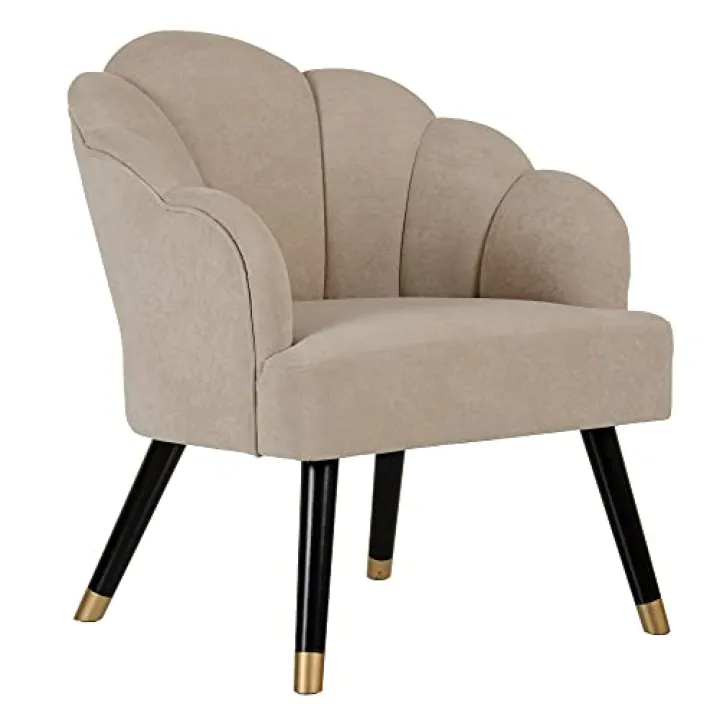 LOLAhome - Poltrona a fiore beige in velluto e legno, 64 x 73 x 76 cm