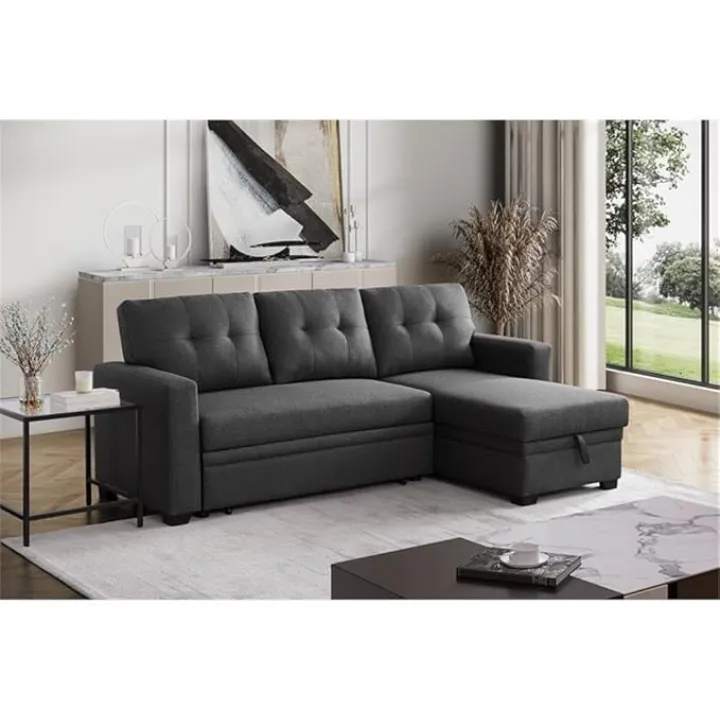 Devion Furniture L-Shaped Polyester Fabric Reversible, Easy Convertible Pull-Out Sleeper Sectional Sofa/Storage Chaise with Tufted Back Cushions and Track Arms in Dark Gray