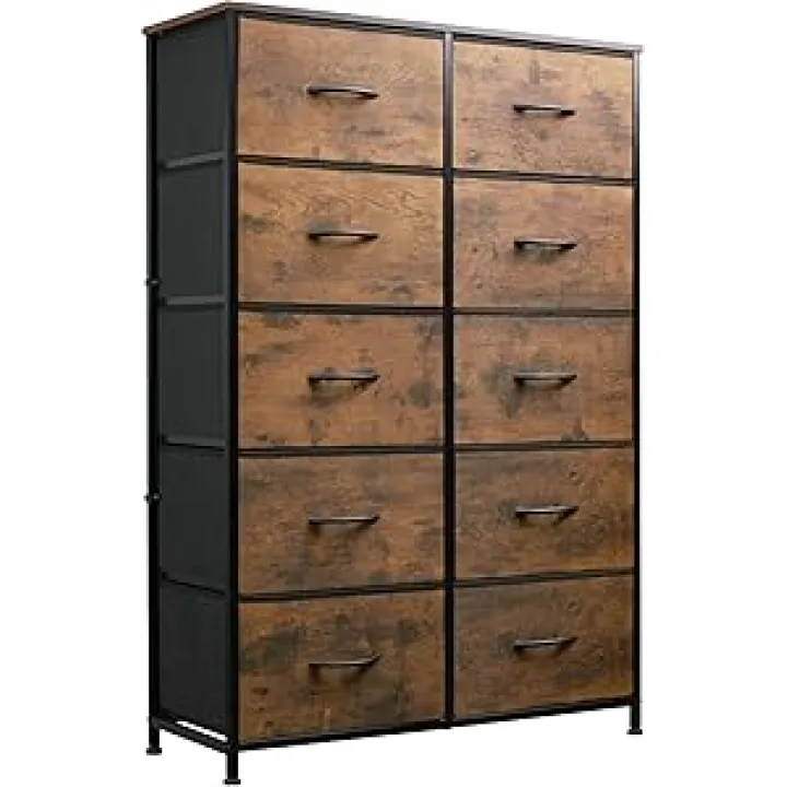 WLIVE Tall Dresser for Bedroom with 10 Fabric Drawers, Organizer Units for Closet, Storage Tower with Cabinet, Metal Frame, Rustic Brown Wood Grain Print Dressers