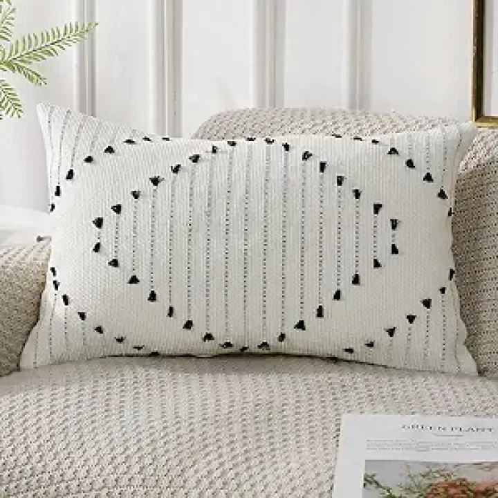 PANOD Knitted Boho Tufted Throw Pillow Covers with Tassel 12x20 inch, Decorative Indoor Outdoor Bohemian Lumbar Cushion case Pillowcase for Couch Sofa Livingroom car Farmhouse Black and Cream White