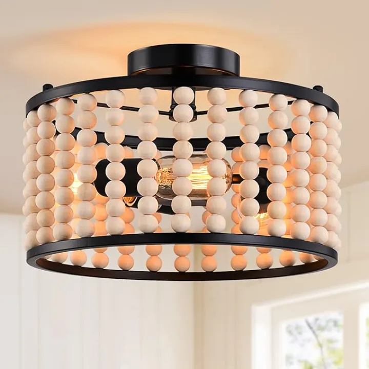Farmhouse Boho Light Fixture, 3-Light Wood Beaded Chandelier, Black Semi Flush Mount Ceiling Light for Dining Room, Kitchen, Hallway, Bedroom, Living Room