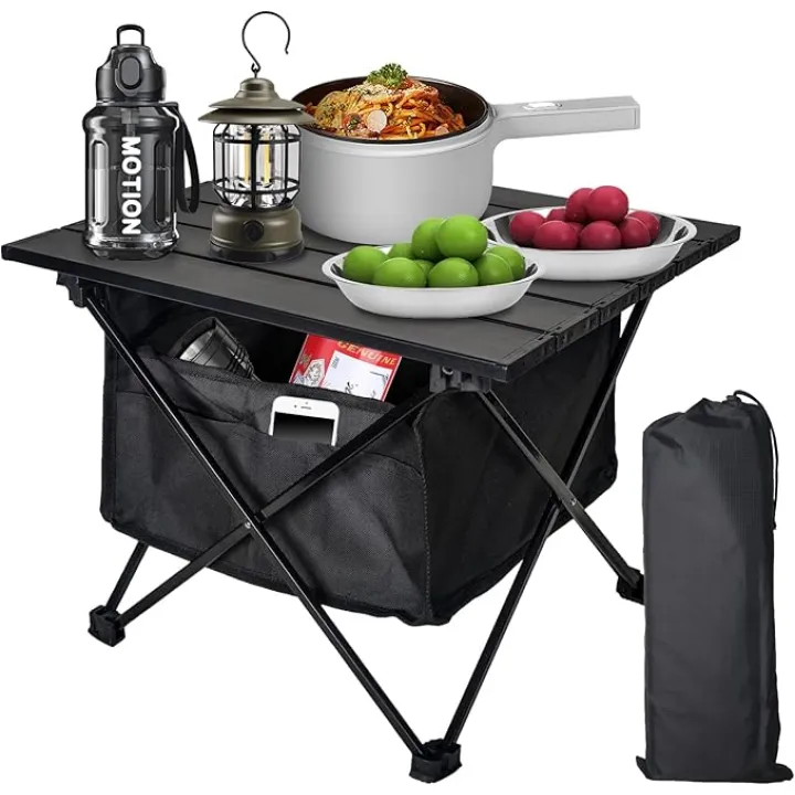 Foldable Camping Side Table, Ultralight Small Beach Aluminum, Portable Outdoor Table with Carry Bag and Storage for Picnic, Grill, Hiking, Fishing, Sand, Camping, Black
