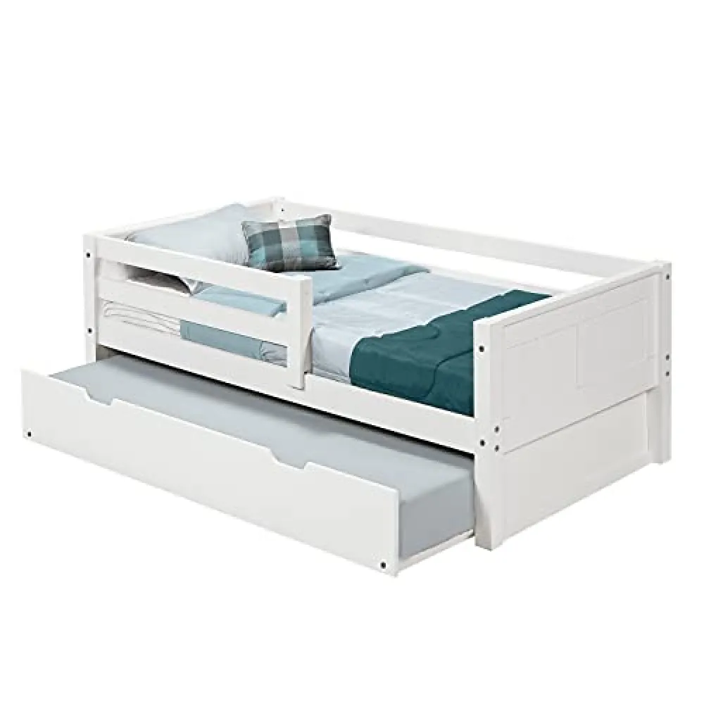 Camaflexi Daybed, Panel Headboard / Solid Wood / Front and Rear Guard Rails / No Box Spring Needed / Mattress Foundation has 14 Wood Slats and 1 Center Support / Twin Trundle / White Finish, Twin