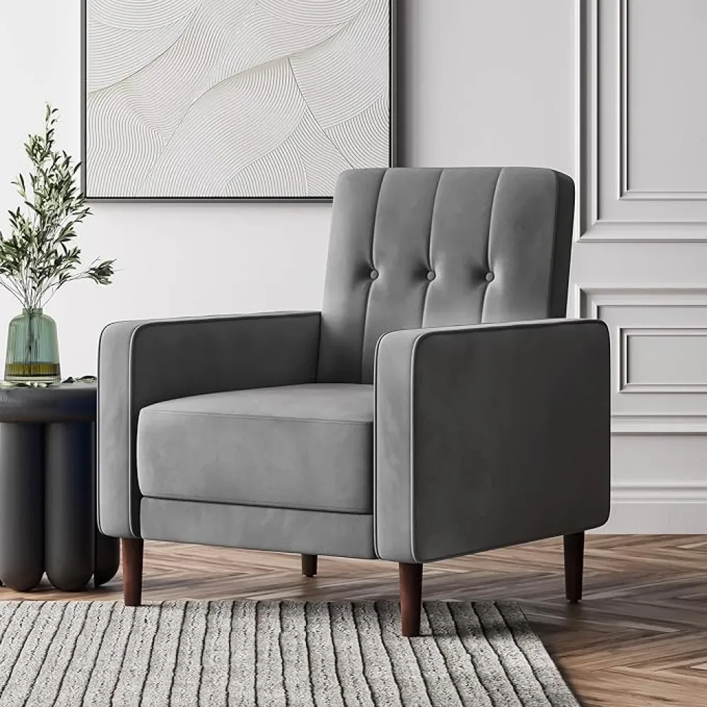 BELLEZE Accent Chairs for Living Room, Mid Century Modern Armchair Velvet Upholstered Comfy Side Chair Button Tufted Back Lounge Reading Chair for Bedroom - Valencia (Gray)