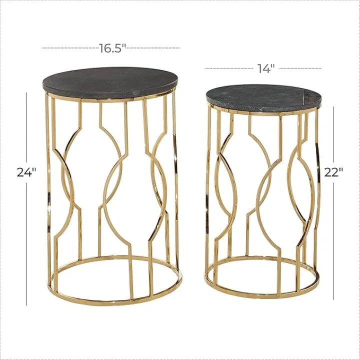Deco 79 Contemporary Marble Round Accent Table, Set of 2 22", 24"H, Gold