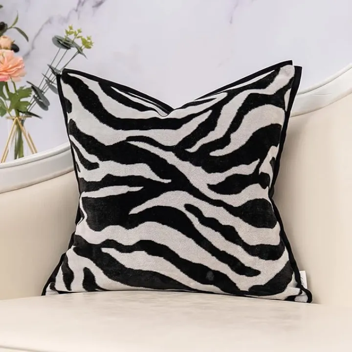 Yangest Black Square Pillow Cover Cut Velvet Zebra Print Cushion Cover Luxury Modern Pillowcover for Couch Living Room Bedroom,18x18 Inch
