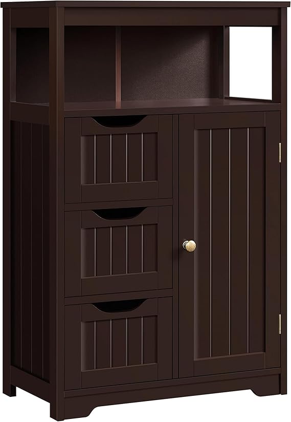 Yaheetech Wood Bathroom Floor Cabinet with 3 Drawers &1 Cupboard, Free Standing Storage Organizer Hallway Entryway Cabinet for Living Room Kitchen, Espresso