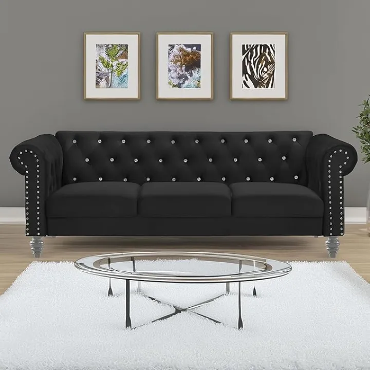 New Classic Furniture Glam Emma Velvet Three Seater Chesterfield Style Sofa for Small Spaces with Crystal Button Tufts, Black