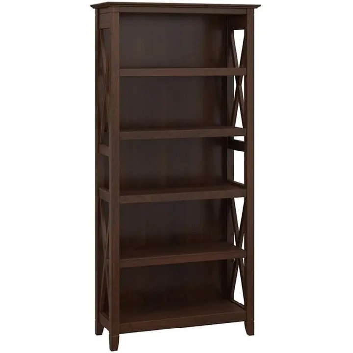 BOWERY HILL Transitional 5-Shelf Wood Tall Bookcase in Bing Cherry