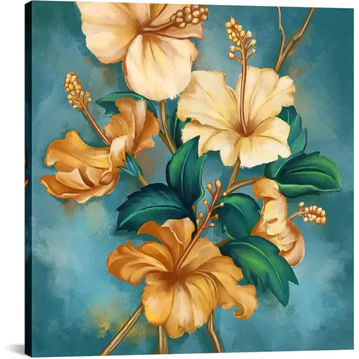 DuoBaorom Hawaiian Flower Large Wall Art Tropica Floral Picture Orange and Teal Hallway Wall Decor 24"x24"