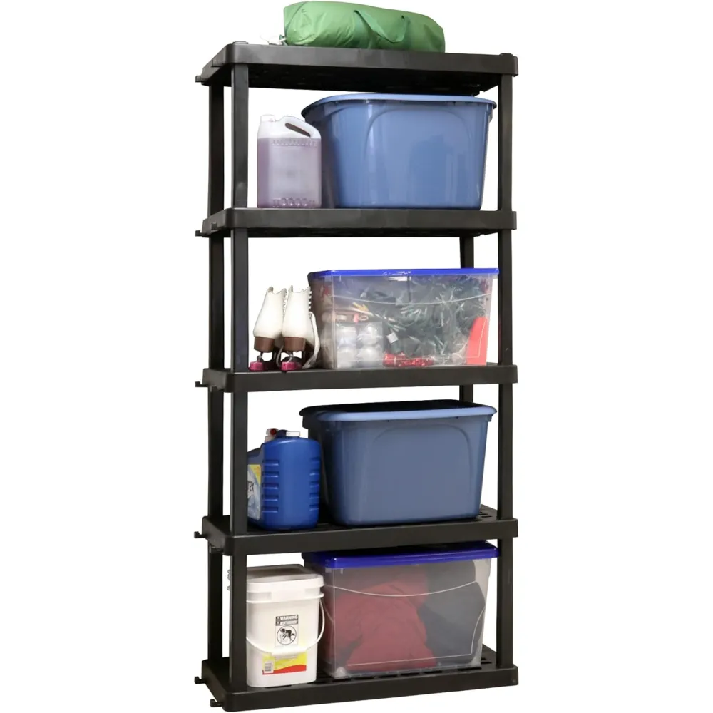 Oskar Storage Shelves - 5 Tier Bathroom Wall Organizer, Kids Room Toys Book Shelf, No Drill Heavy Duty Industrial Display, Kitchen Closet Garage Outdoor Stackable Plastic Shelving Unit Black