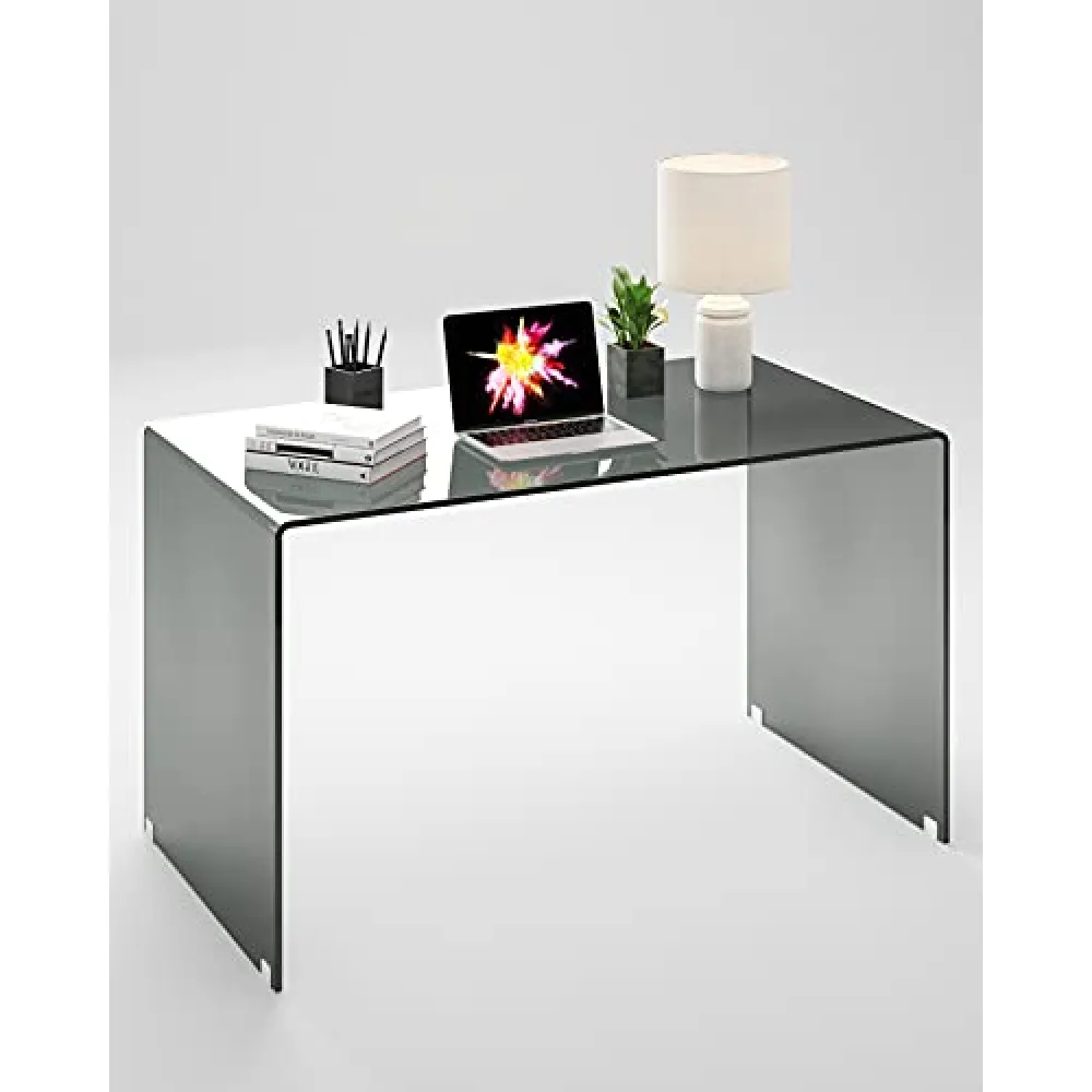 Neos Modern Furniture Bent Glass Computer Desk Contemporary Rectangular Shaped PC Laptop Workstation Study Table Home Office Writing for Small Spaces, Better Than Acrylic or Lucite, 50" L, Smoke Gray