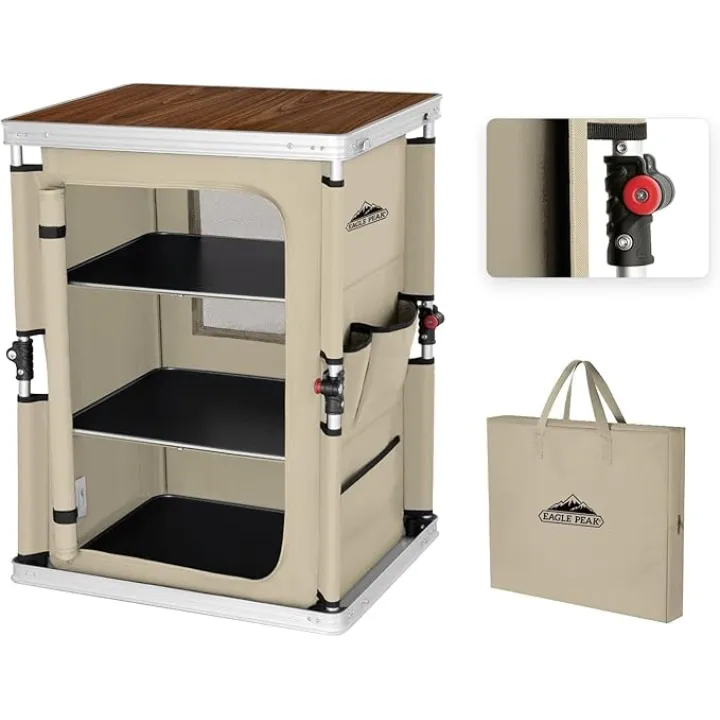 EAGLE PEAK Outdoor Folding Camping Table with Large 3-Tier Storage Organizer and Side Pockets, Easy Set Up Portable Aluminum Camping Kitchen, Beige