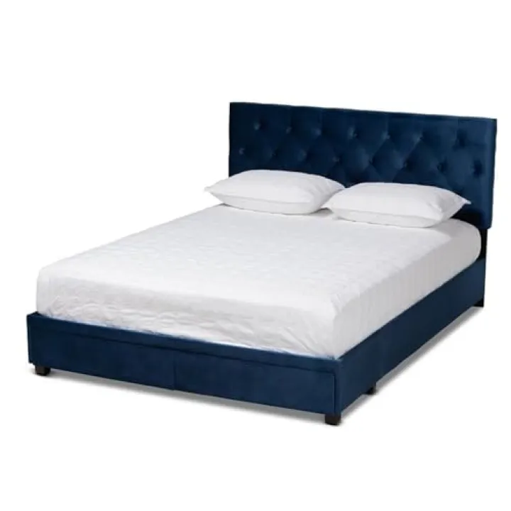 BOWERY HILL Modern Velvet Tufted Platform Storage Queen Bed in Blue