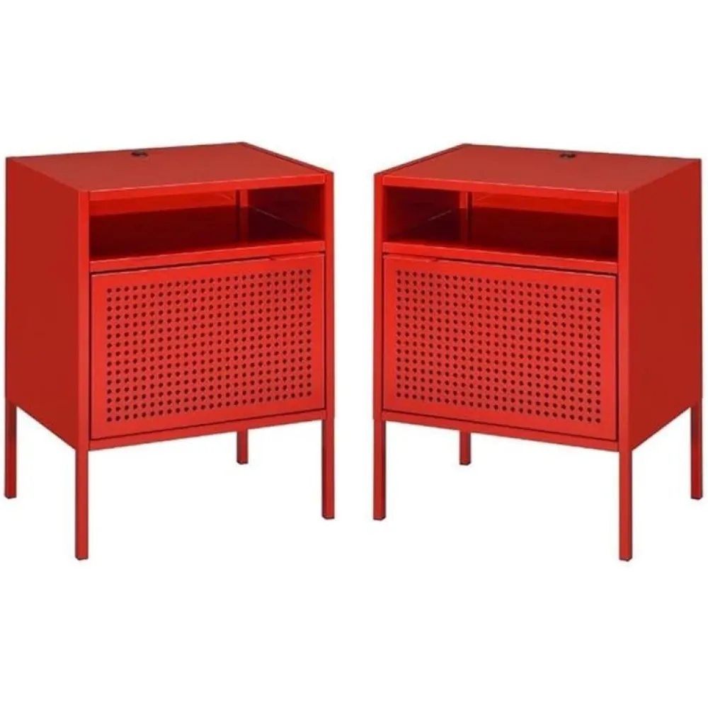 Home Square 2 Piece Metal Nightstand Set with USB Port in Red