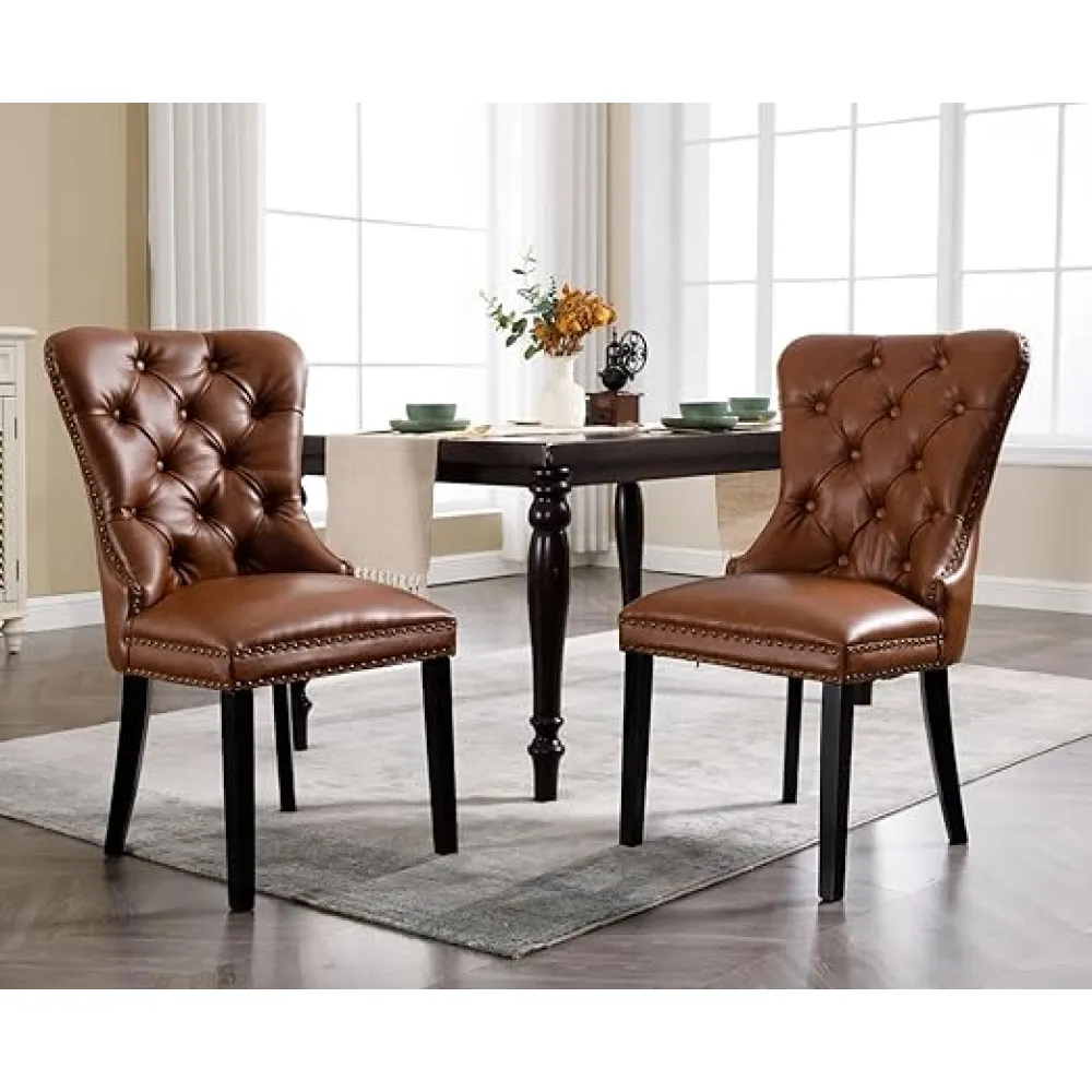 PU Leather Dining Chairs Set of 2 Mid Century Modern Tufted Chairs Armless Rubber Wood Vintage Chairs Upholstered Nailhead Side Chair for Kitchen/Cafe Decor Furniture, Brown with Pull Ring
