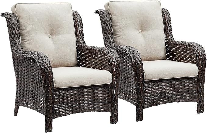 Outdoor Wicker Patio Chairs Set of 2: Rattan Dining Chairs Porch Chairs Outdoor Club Chairs with high Back and Deep Seating (Brown/Beige)