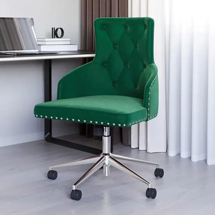 BELLEZE Modern Velvet Desk Chair for Home Office or Bedroom Vanity, Tufted Upholstered Seat with Slim Arms, Adjustable Height, Swivel, Wheels - Belden (Green)
