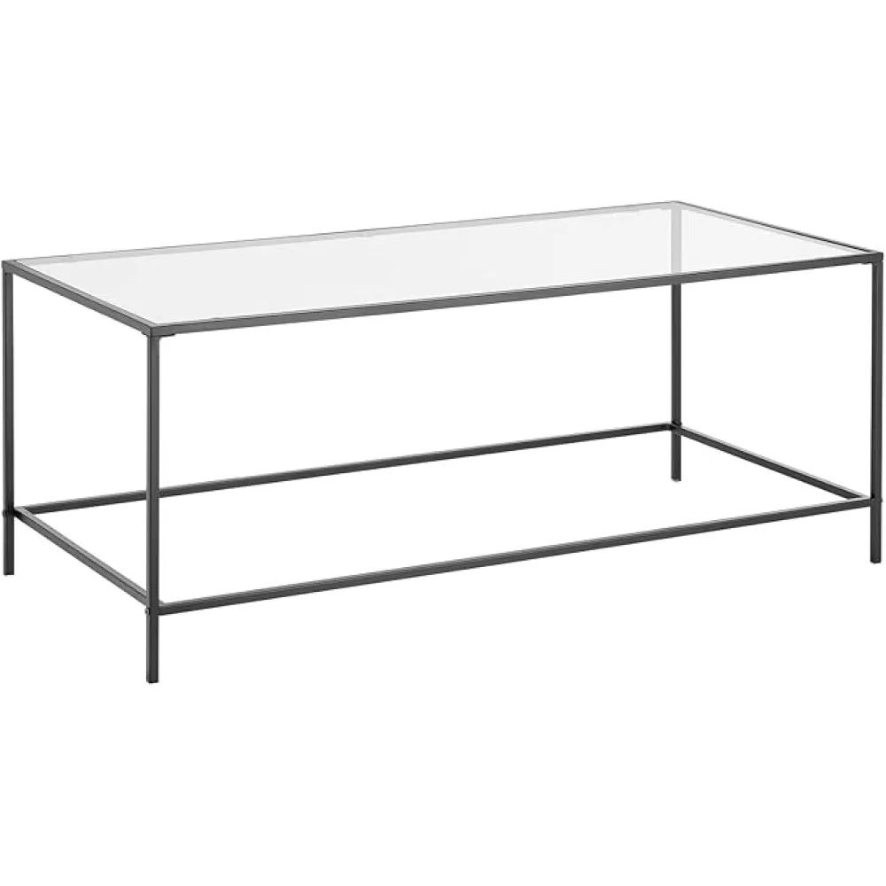 mDesign Glass Top Coffee Table - Large Minimalistic Rectangular Geometric Metal Accent Furniture Unit for Living Room, Basement, Home Office, Garage, and Bedroom - Black