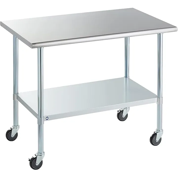 ROCKPOINT Stainless Steel Table for Prep & Work with Caster Wheels 30x48 Inches, NSF Metal Commercial Kitchen Heavy Duty Table with Adjustable Under Shelf and Table Foot for Restaurant, Home and Hotel