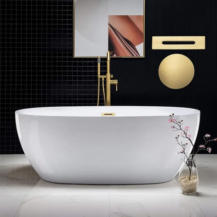WOODBRIDGE 67" Acrylic Freestanding Bathtub Contemporary Soaking White Tub with Brushed Gold Overflow and Drain,BTA1528-BG