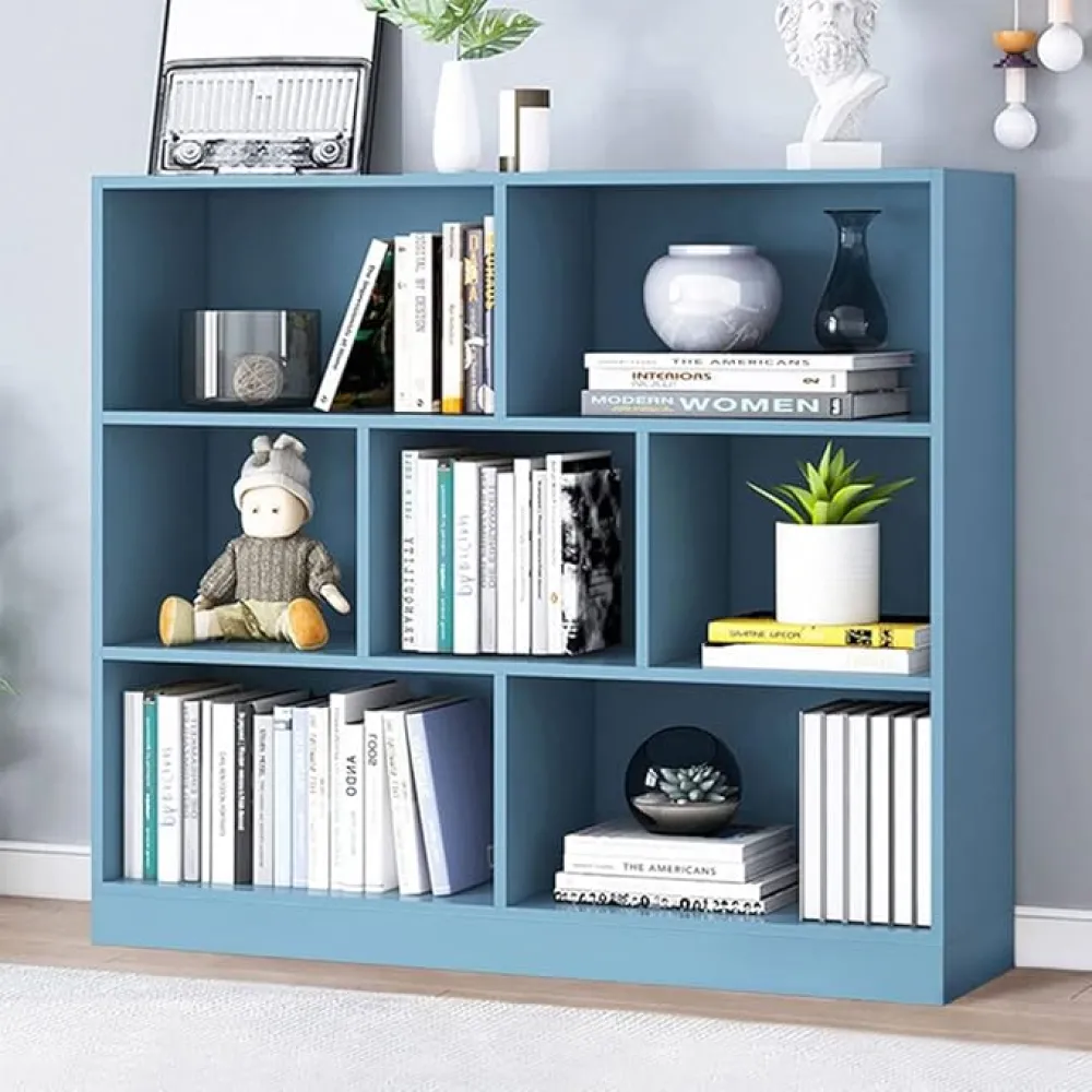 IOTXY Open Shelf Low Bookcase - Wooden 3-Tier Floor Standing Display Cabinet Organizer with Base, 7 Cubes Short Horizontal Bookshelf in Bright Blue