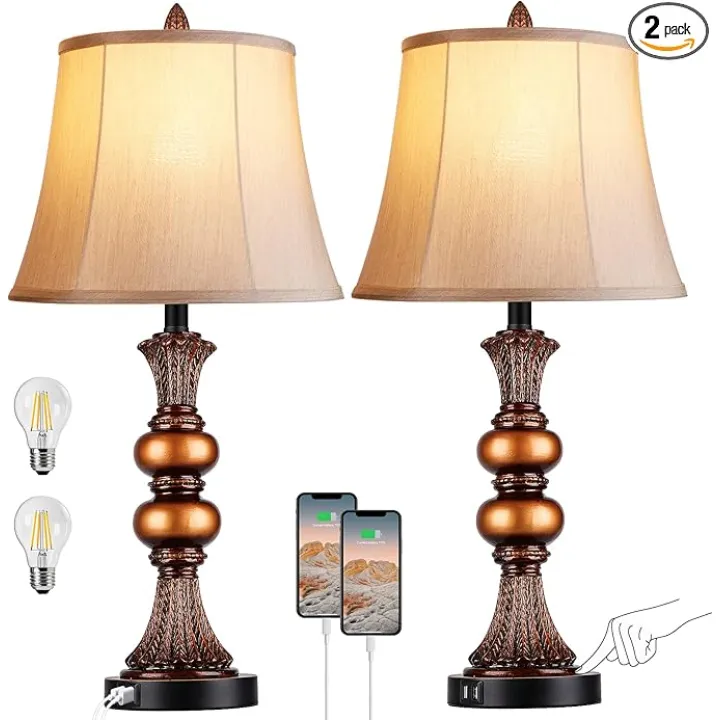 Set of 2 Touch Control Traditional Table Lamp, 27"H Bedside Lamps with 2 USB Charging Ports, 3-Way Dimmable Bronze Finish Large Nightstand Lamps with Bell Faux Silk Shade for Living Room, Bedroom