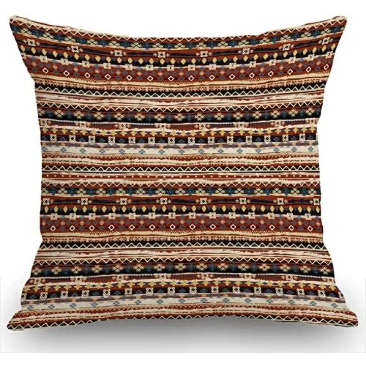 Boho Style Pillow Cover, Ethnic Pattern Pillow Cover, Tribal Art Print Cotton Linen Throw Pillow Case Cushion Cover Home Office Decorative for Sofa Living Room Square 18 X 18 Inches