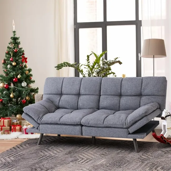 Opoiar Fabric Futon Sofa Bed, Memory Foam Couch Convertible Loveseat, Sleeper Sofa Modern Futon Sets for Small Apartments, Compact Living Space, Office (Grey)