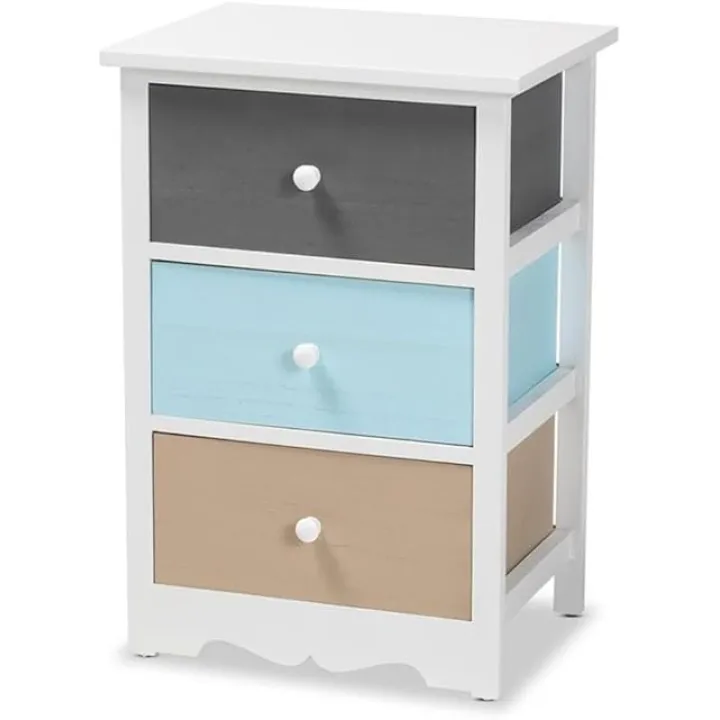 Baxton Studio Kalila Modern and Contemporary White and Multi-Colored Finished Wood 3-Drawer Nightstand