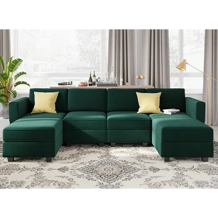 Belffin Modular Sectional Sofa Oversized U Shaped Sectional Couch with Reversible Chaise Velvet Modular U Shape Sofa with Storage Seat Green