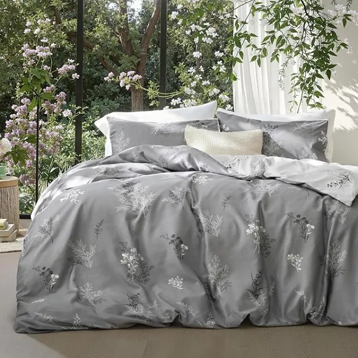 Bedsure Duvet Cover Queen Size - Reversible Floral Duvet Cover Set with Zipper Closure, 3 Pieces Grey Bedding Set with 8 Corner Ties and 2 Pillowcases 20"x26"