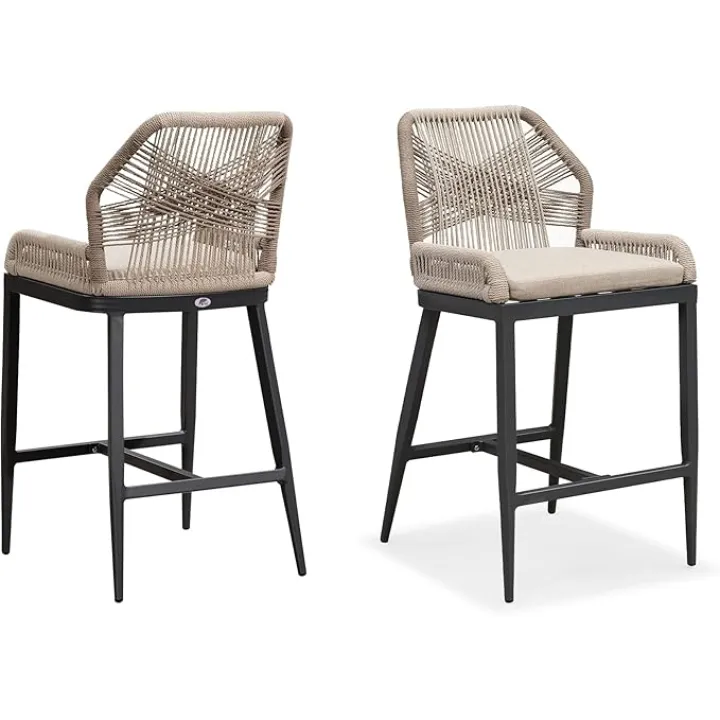 PURPLE LEAF Counter Height Bar Stools Set of 2 Rattan Wicker Outdoor Metal Boho Barstools with Back and Footrest Patio Garden Balcony Pool Bar Chairs