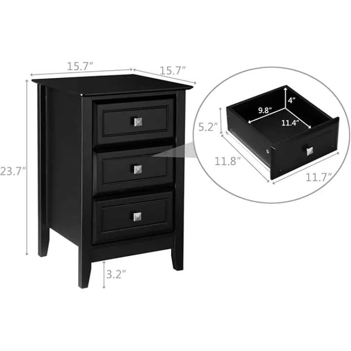 Bonnlo Upgraded 3 Drawers Night Stands for Bedrooms Set of 2, Wooden Black Nightstand Stylish, Modern Bed Side Table/Night Stand for Small Spaces, College Dorm, Kids’ Room, Living Room, 24H