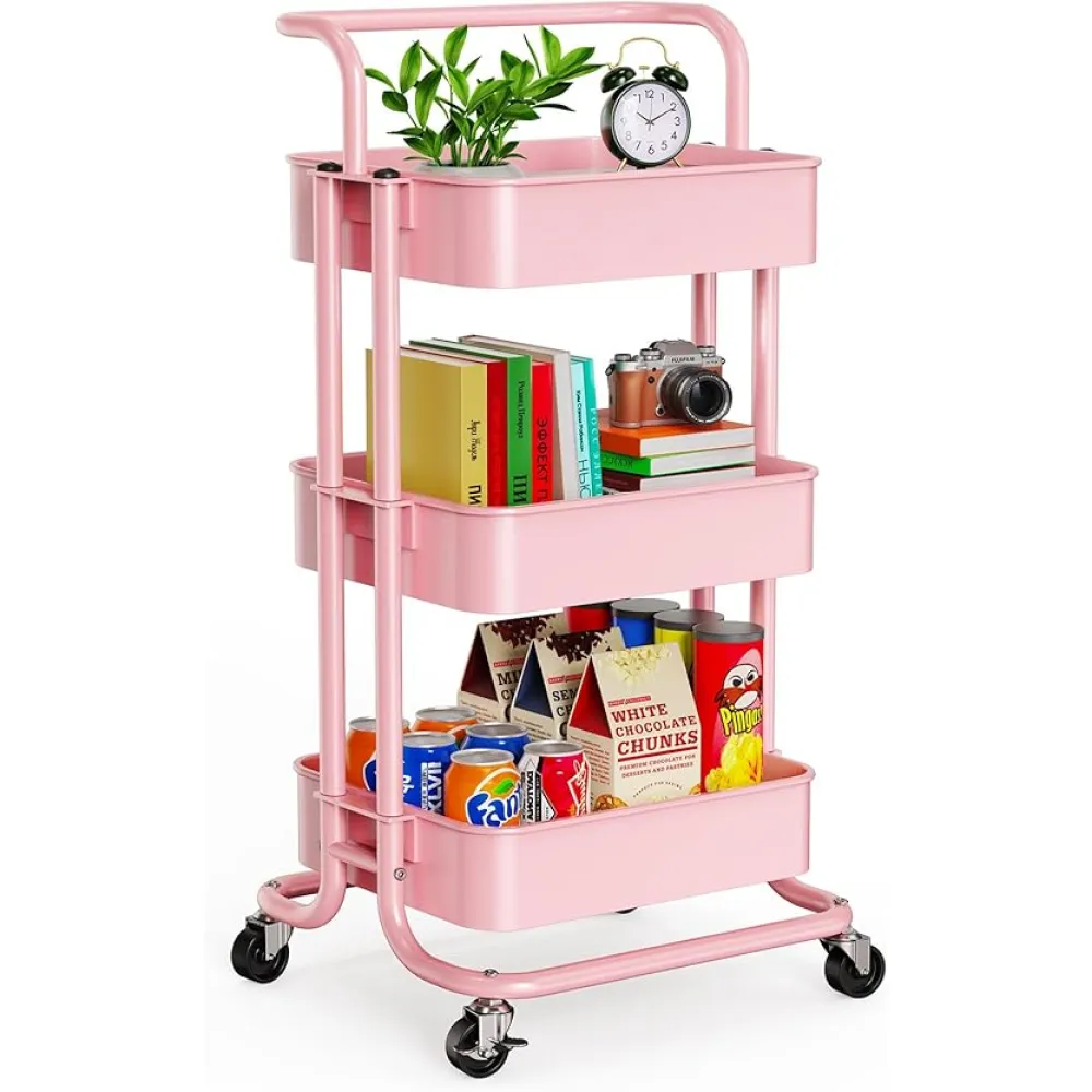 Pipishell 3 Tier Mesh Utility Cart, Rolling Metal Organization Cart with Handle and Lockable Wheels, Multifunctional Storage Shelves for Kitchen Living Room Office Pink