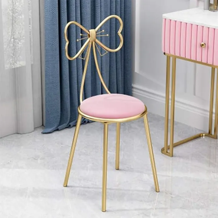 Gluck Plants Makeup Vanity Chair Stool,Cute Pink Butterfly Bow Tie Make Up Chair,Faux Leather Vanity Stool Chair Bench Metal Legs Gold Dining Chair for Girls