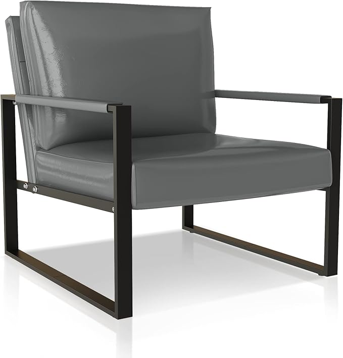 Recaceik PU Leather Accent Chairs Midcentury Modern Armchair with Extra-Large Ergonomic Cushion Sturdy Metal Frame Anti-Scratch Foot Mats Single Sofa Chair for Living Room