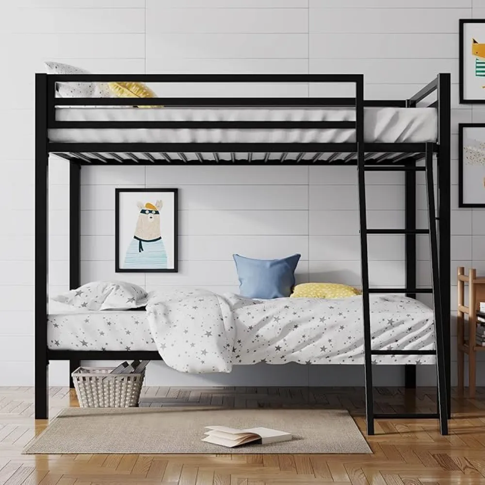 SHA CERLIN Loft Bunk Bed Twin Over Twin Size with Ladder and Guardrail,Heavy Duty Metal Slats Support No Box Spring Needed Small Space Saving Furniture for Bedroom Dorm,Black