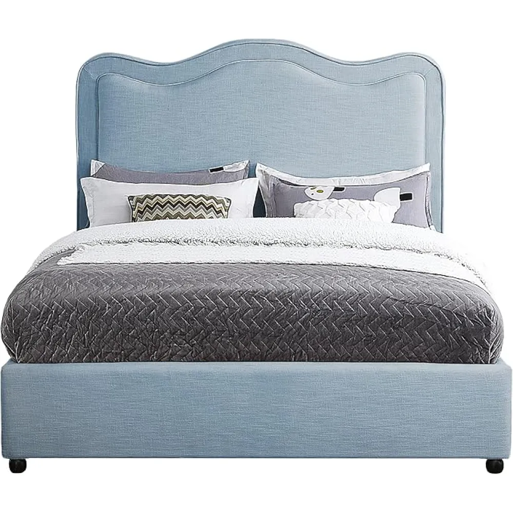 Meridian Furniture FelixSkyBlu-F Felix Collection Modern | Contemporary Linen Textured Fabric Upholstered Bed with Curved Headboard and Espresso Wood Legs, 59.5" W x 81" D x 55.5" H, Sky Blue, Full