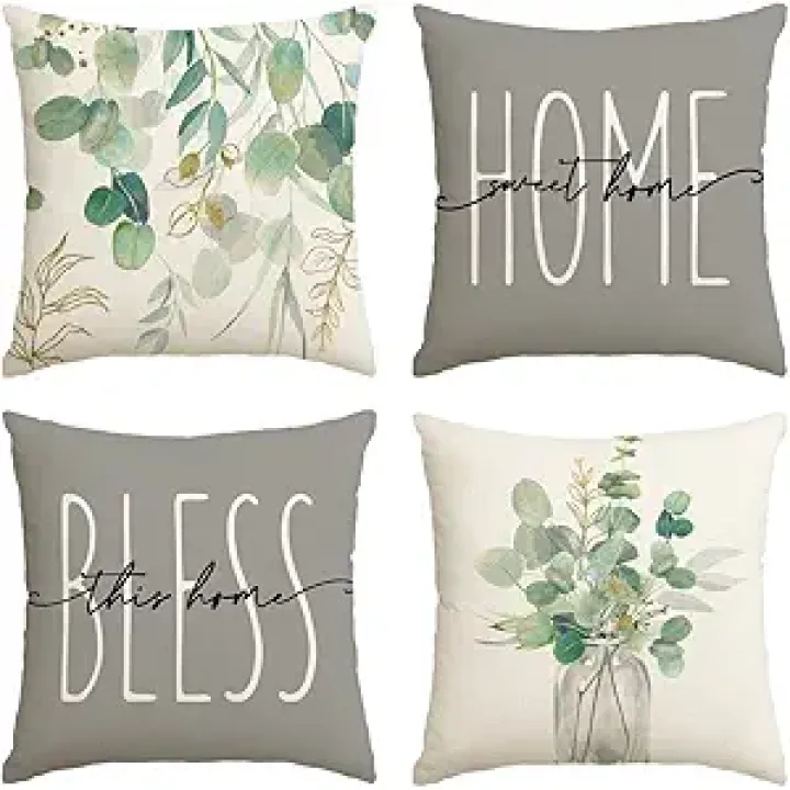 AVOIN colorlife Home Sweet Home Eucalyptus Leaves Throw Pillow Covers 16x16 Inch Set of 4, Spring Summer Seasonal Decorations
