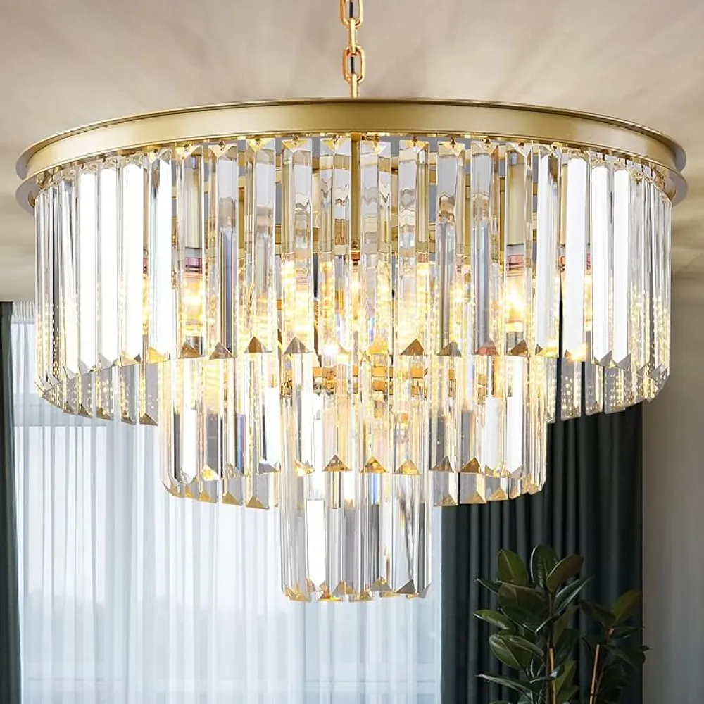 Gold Modern Crystal Chandelier, 3-Tier Round Flush Mount Ceiling Light Fixtures Height Adjustable Pendant Lighting for Dining Room Living Room Bedroom Kitchen Hotel Foyer