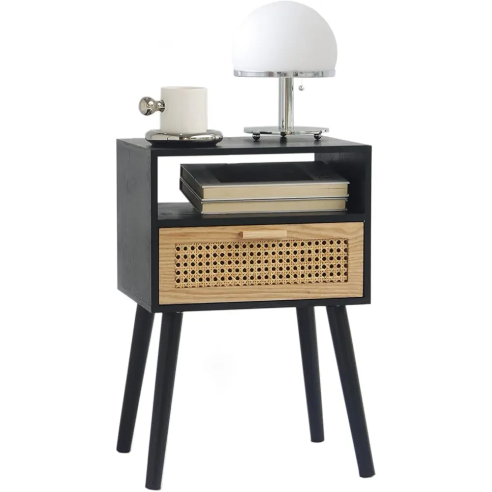MaxSmeo End Table with Storage Mid Century Nightstand with Rattan Drawer and Shelf, Wood Small Side Coffee Table for Small Space, Living Room and Bedroom, Easy Assembly (Black)
